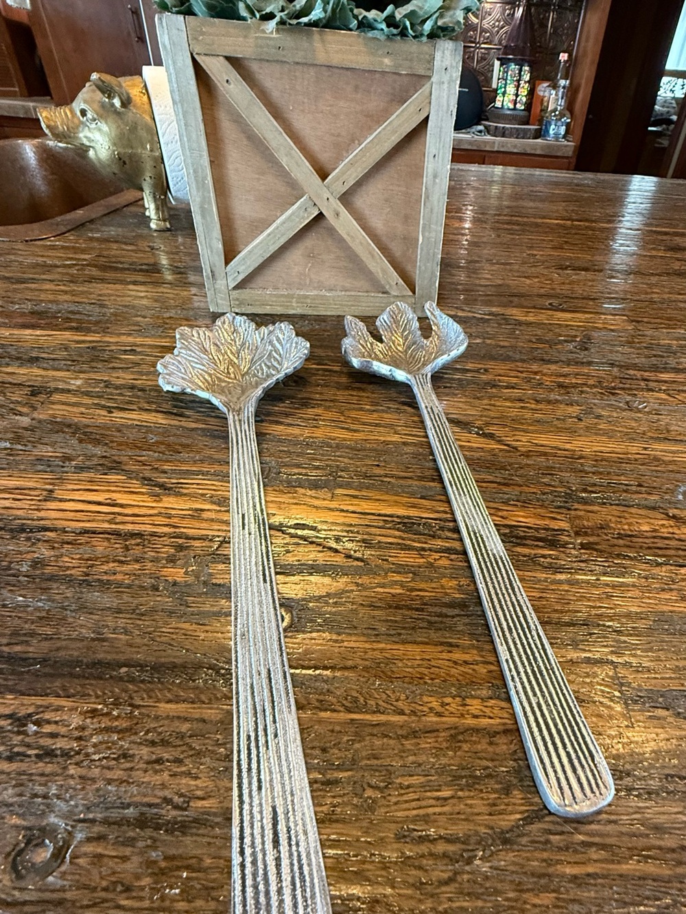 Pottery Barn Metal Rustic Style Silver Tone Leaf Salad Servers Buffet Serving